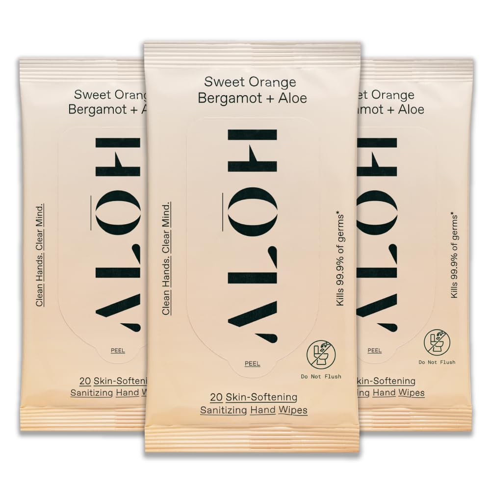 ALŌH Sweet Orange Bergamot + Aloe Sanitizing Hand Wipes - Clean Hands, Clear Mind - On The Go Hand Sanitizing Wipes for Kids and Adults