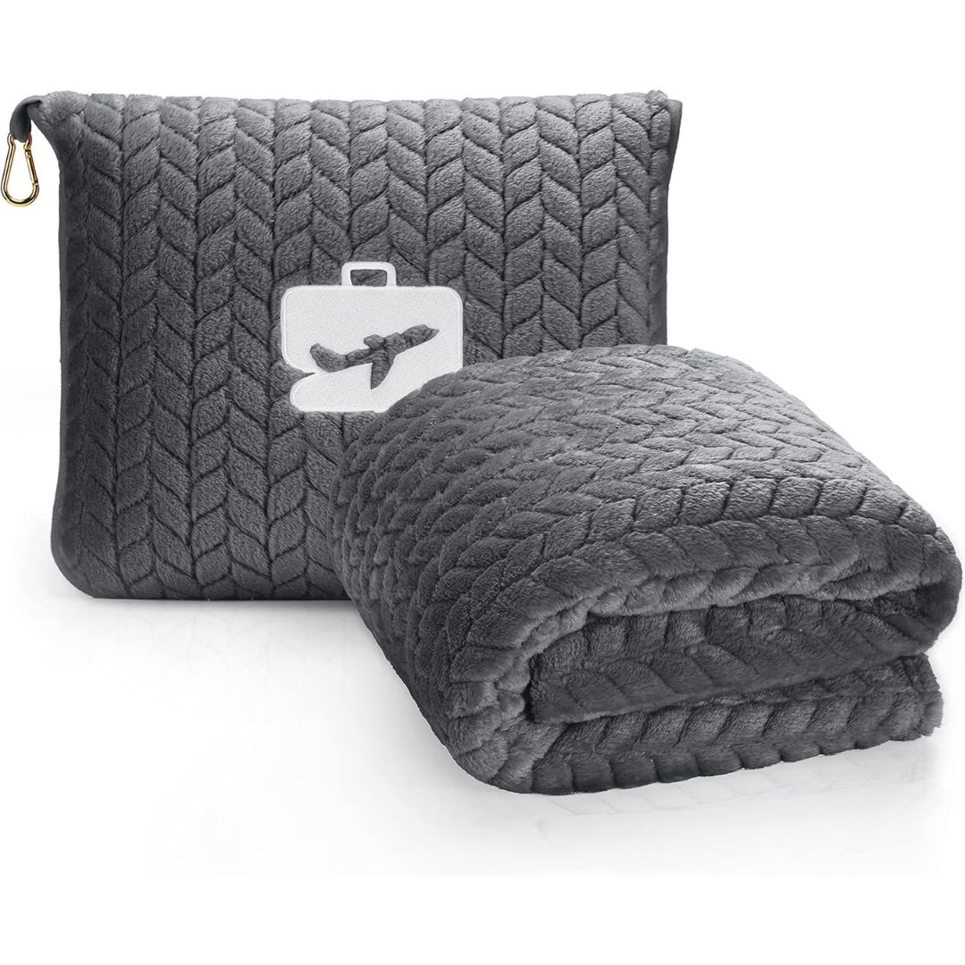 EverSnug Premium Travel Blanket Pillow - Soft 2 in 1 Airplane Blanket with Soft Bag Pillowcase, Hand Luggage Sleeve and Backpack Clip (Grey)