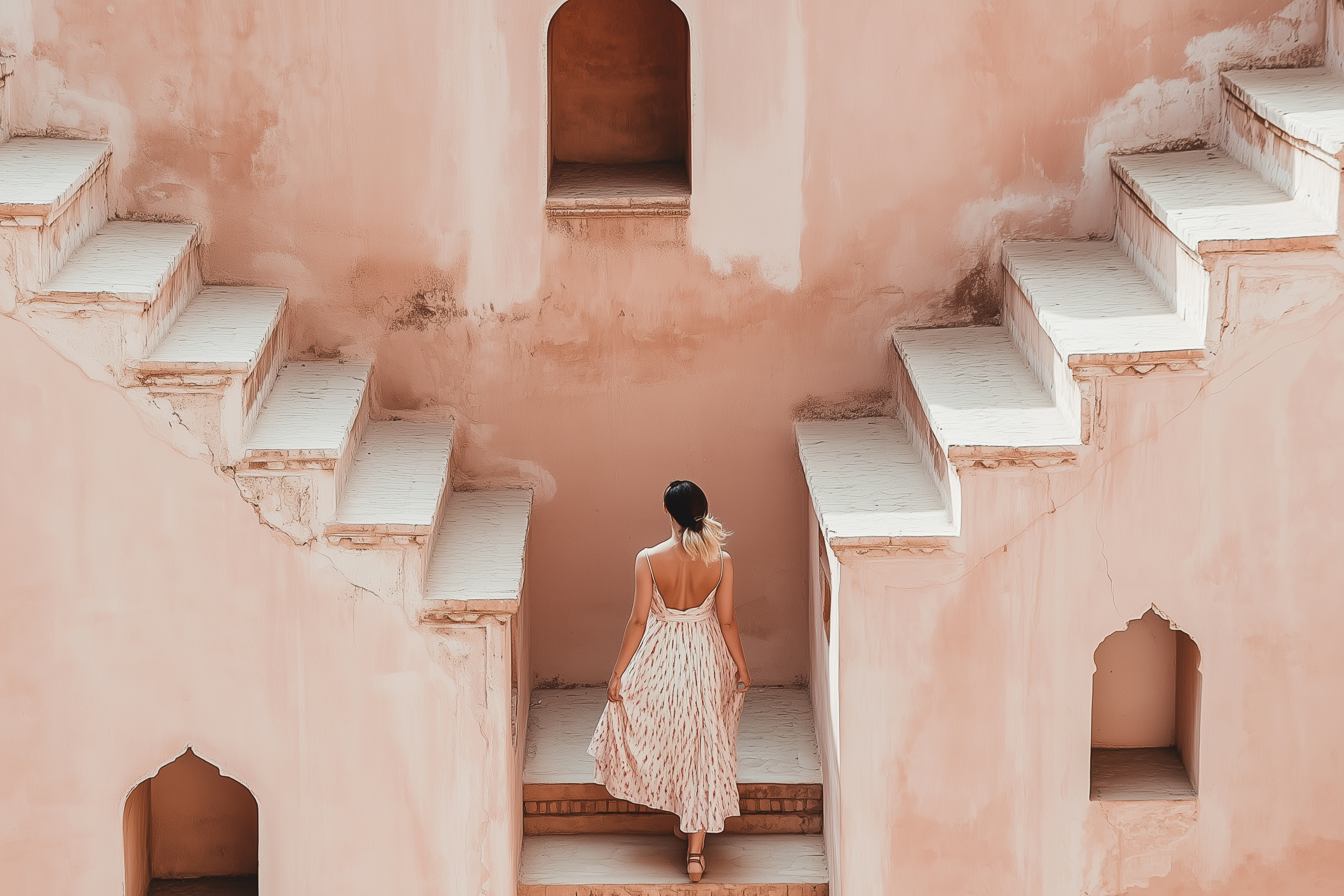 woman standing between tall staircases, pink architecture
