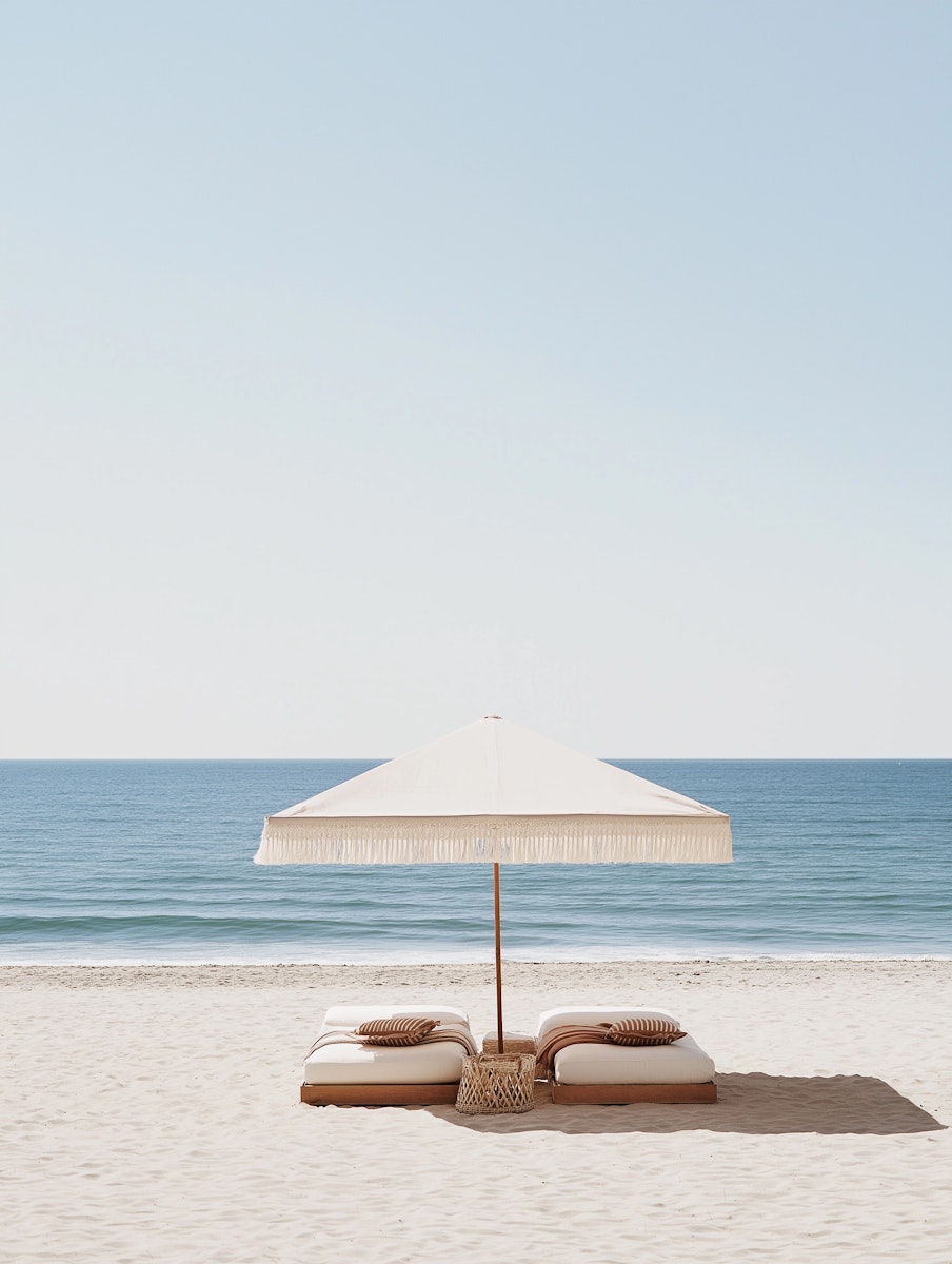 Ivory colored beach umbrella against calm ocean