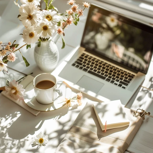 laptop on desk with sunlight coming in from window, cup of coffee, white flowers