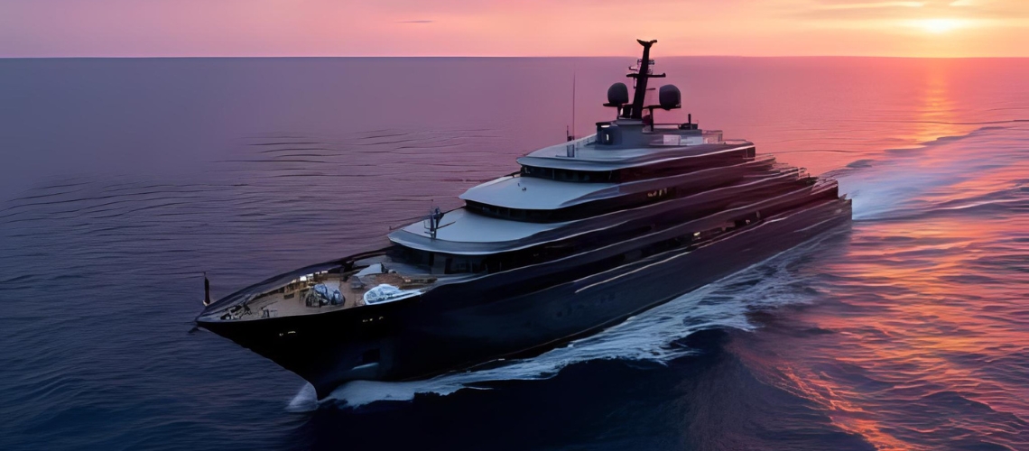 ultra-luxury cruise ship in open ocean at sunset