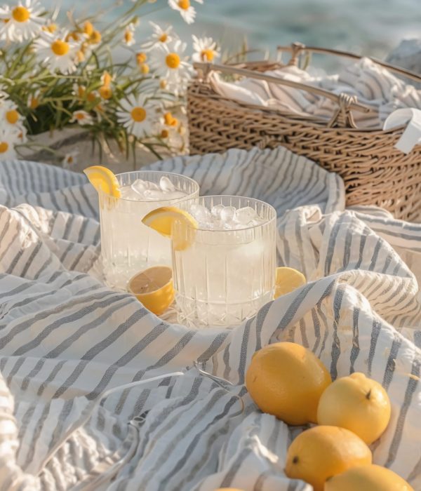 blanket on beach with lemons and a pitcher of ice water with fresh cut lemons