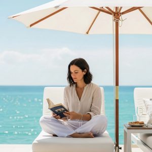 woman reading book under umbrella sitting by pool, blue ocean sparkling in the background