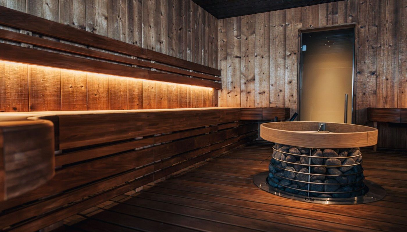 a wooden room with benches and a round table